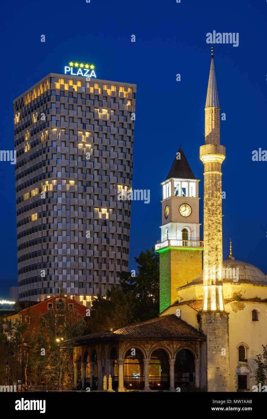 Ethem-Bey Mosque, Clock Tower and TID Tower Hotel Plaza, night view, Tirana, Albania Stock Photo