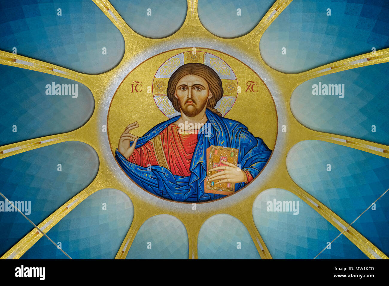 Mosaic with Christ Pantocrator, detail dome, Orthodox Resurrection Cathedral, Cathedral of the Resurrection of Christ, Stock Photo