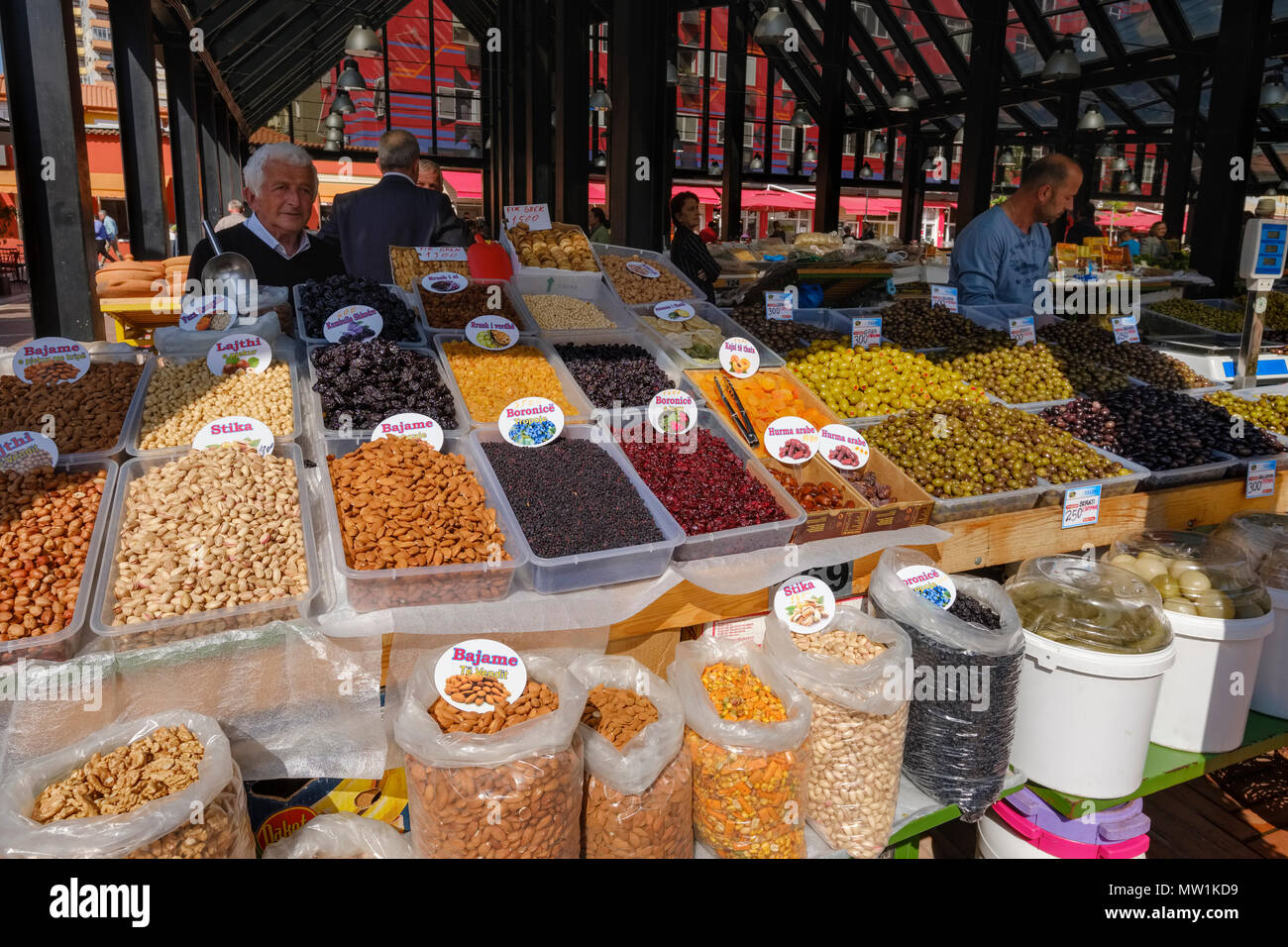 Market hall, stand with nuts, dried fruits and olives, new market, Pazari i Ri, Tirana, Albania Stock Photo