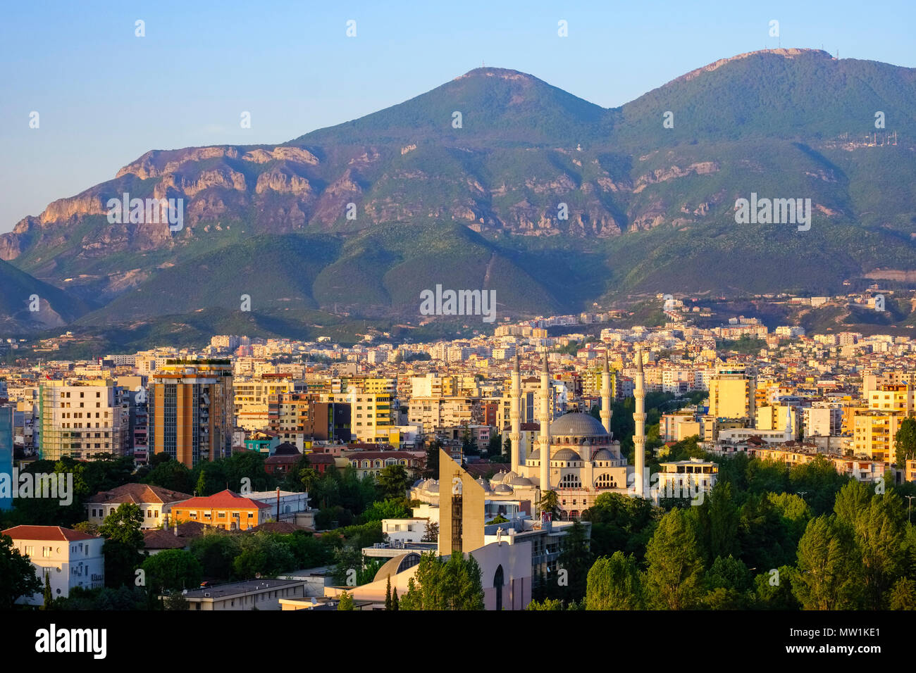 City view, Catholic Paulus Cathedral, Great Mosque, behind Mount Dajtit, Tirana, Albania Stock Photo