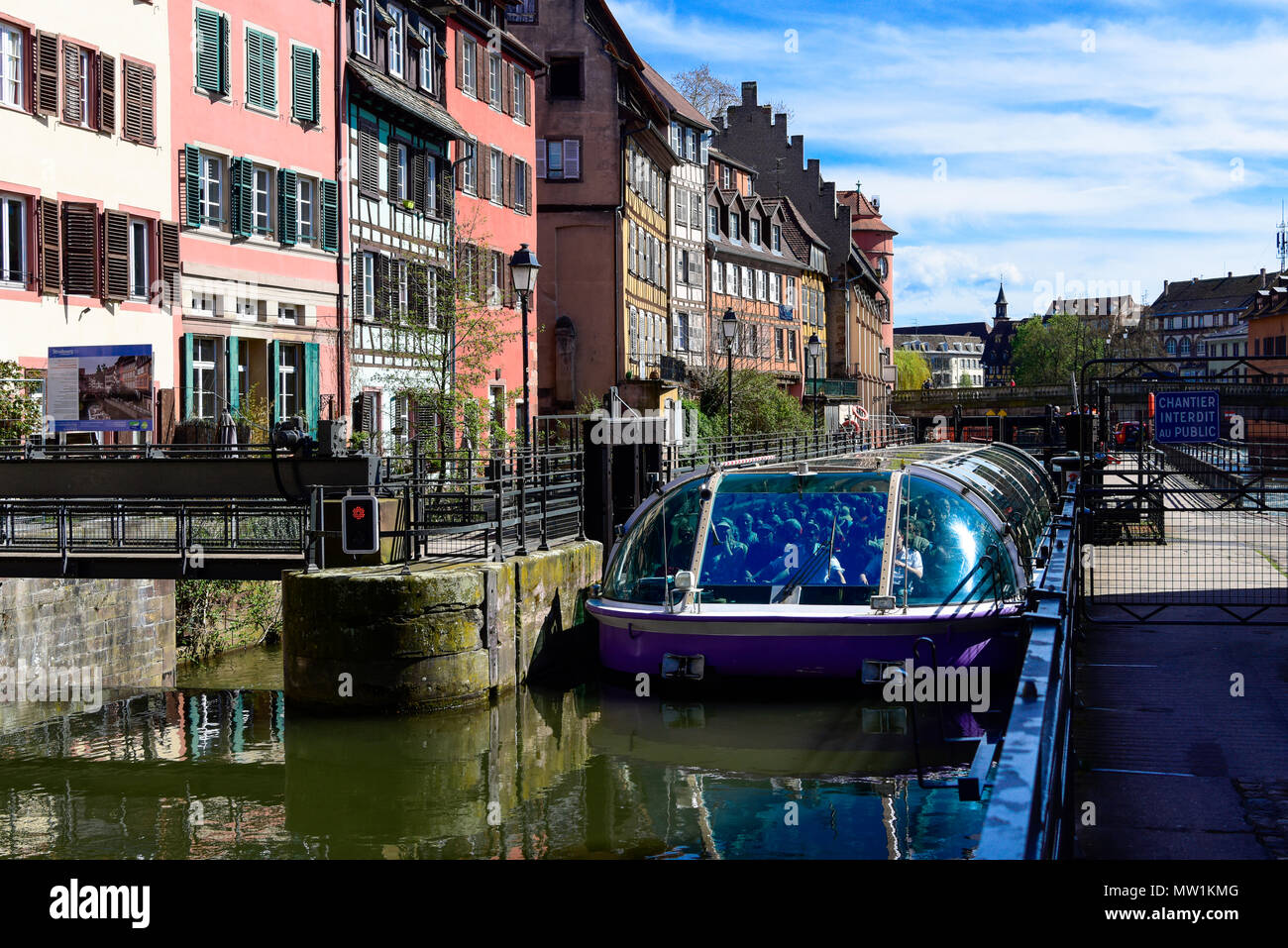 Tourist boat at a lock, Strasbourg, Alsace, France Stock Photo