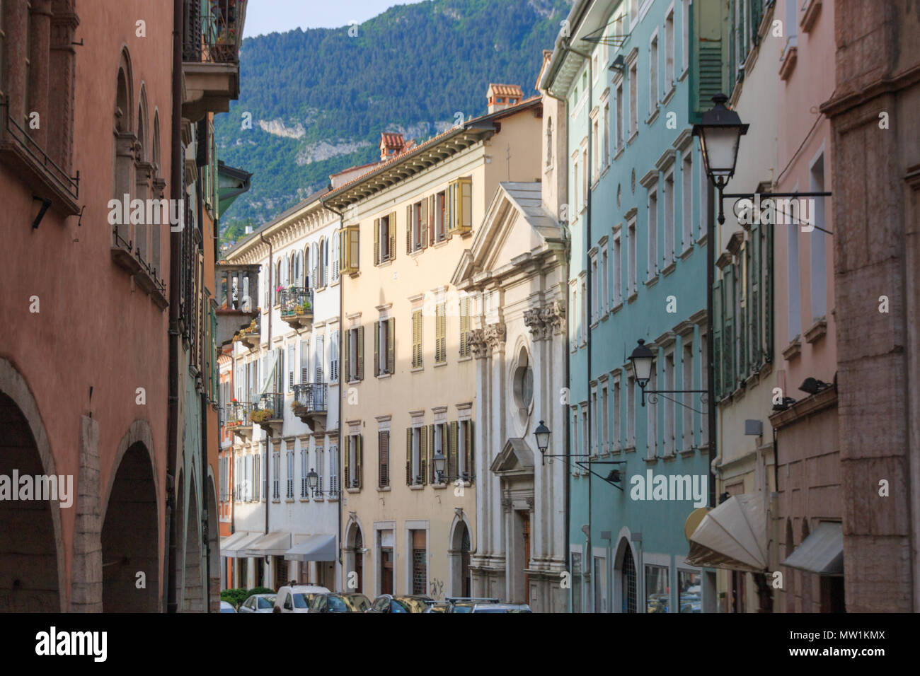 Narrow street in the center of the beautiful Italian city of Trento in the region of Trentino Alto Adige Suedtirol Stock Photo