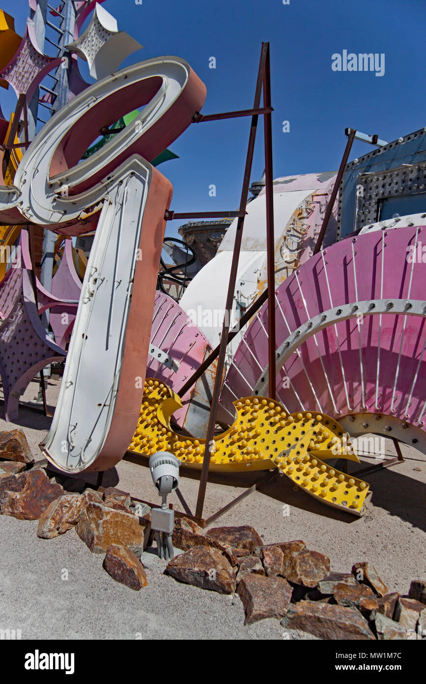Las Vegas  Neon Boneyard Museum exhibits old neon signs removed from buildings with history and the stories of the past. Stock Photo