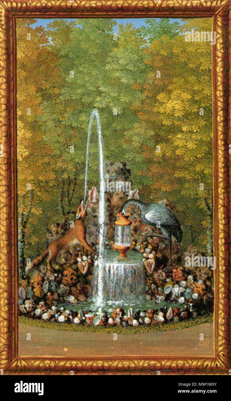 . English: A Fountain : 'The fox and the Crane' from Jacques Bailly's Le Labyrinthe de Versailles illustrating the Aesop's fable The Fox and the Stork. circa 1675. Jacques Bailly 629 Versailles fox and crane Stock Photo