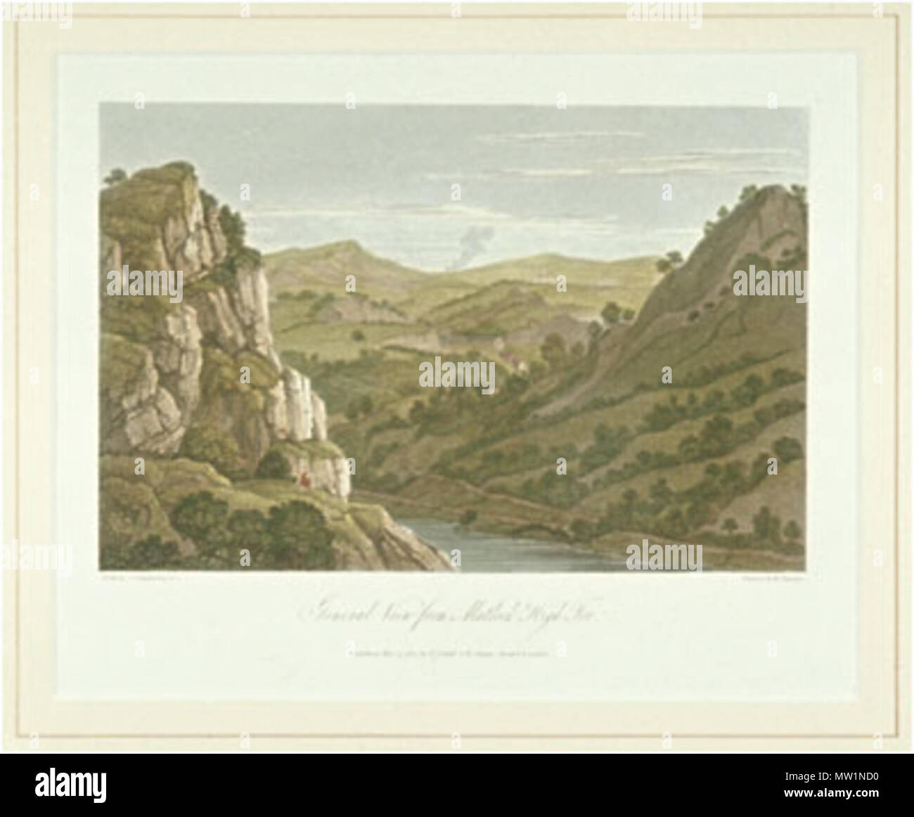 . General View from Matlock High Tor in derbyshire. Artist:Joseph FARINGTON Title:General View from Matlock High Tor Publication Title Britannia Depicta, Part VI, Derbyshire Date published 15 May 1817 Medium Coloured engraving Lettering below image: [left] Drawn by J. Farington Esq.r R.A. [right] Engraved by John & Letitia Byrne. / Matlock Church. / Published May 15, 1817, by T. Cadell & W. Davies, Strand, London Published T. Cadell & W. Davies, Strand, London, 15 May 1817 Acquisition Purchased from Sotheby's by GAC, 22 February 1977 Number 13030 . 15 May 1817. Joseph FARINGTON engraved by 631 Stock Photo