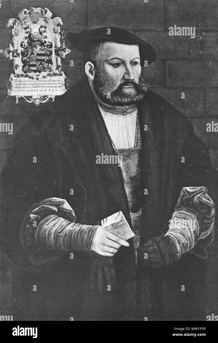 . Heinrich Ribisch († 1544), 1514–1525 Syndikus der Stadt Breslau, 1525–1544 Königlicher Rat und Rentmeister der Provinz Schlesien und der Lausitz, Beschriftung:  Henricus Rybisch · Pater · J · C · Ferd · Caes · A Cons · Provinn · Siles · et Lusat · Quaes Obiit Ann · Dn · MDXLIII · X · Novemb · Aet · S · An · LIX · Mens · VII · D · XVII  . circa 1544. Unknown 520 Ribisch, Heinrich Stock Photo