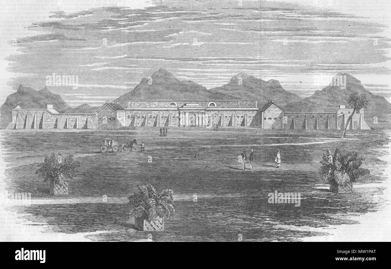 . English: 'Messhouse of the 72nd Regiment and adjoining quarters of officers, lately built in the new lines, Mhow,' from the Illustrated London News, 1863; also *'New barracks at Mhow, now occupied by the 72nd Regiment, or Duke of Albany's Own Highlanders'*; also *'The Fort'* also *'The Station Church'* also *'Tomb of Sergeant-Major Lilley in the Station Cemetery'* Source: ebay, Dec. 2008 . 1863. Illustrated London News 595 The fort 1 Stock Photo