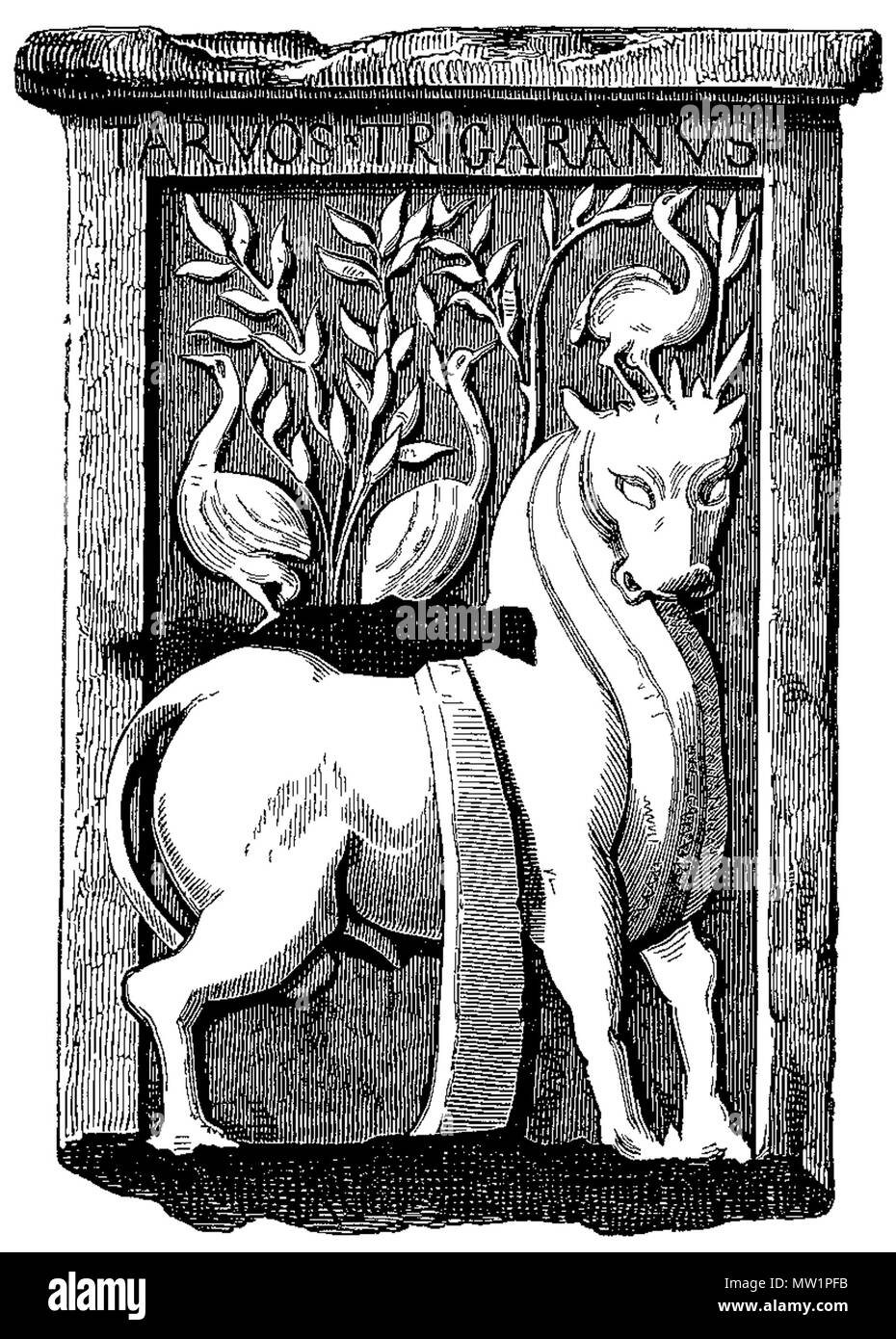 . English: The Holy Ox. - Celtic Monument found in Paris under the Choir of Notre-Dame in 1711, and preserved in the Musée de Cluny et des Thermes. Illustration no. 88 in 'Manners, Custom and Dress During the Middle Ages and During the Renaissance Period' by Paul Lacroix . before 1884. Unknown 596 The Holy Ox. - Celtic Monument found in Paris (19th c. woodcut) Stock Photo