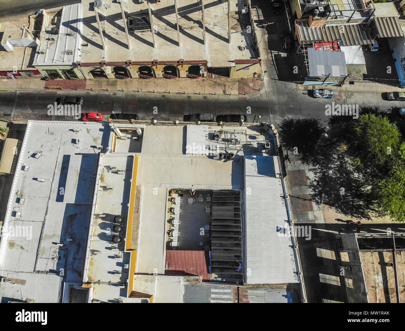 Vista aérea de la colonia Centro o centro histórico de Hermosillo. Barra hidalgo. Calle Hidalgo, cuchilla, calle No Reelección, calle mina. Techo. Stock Photo