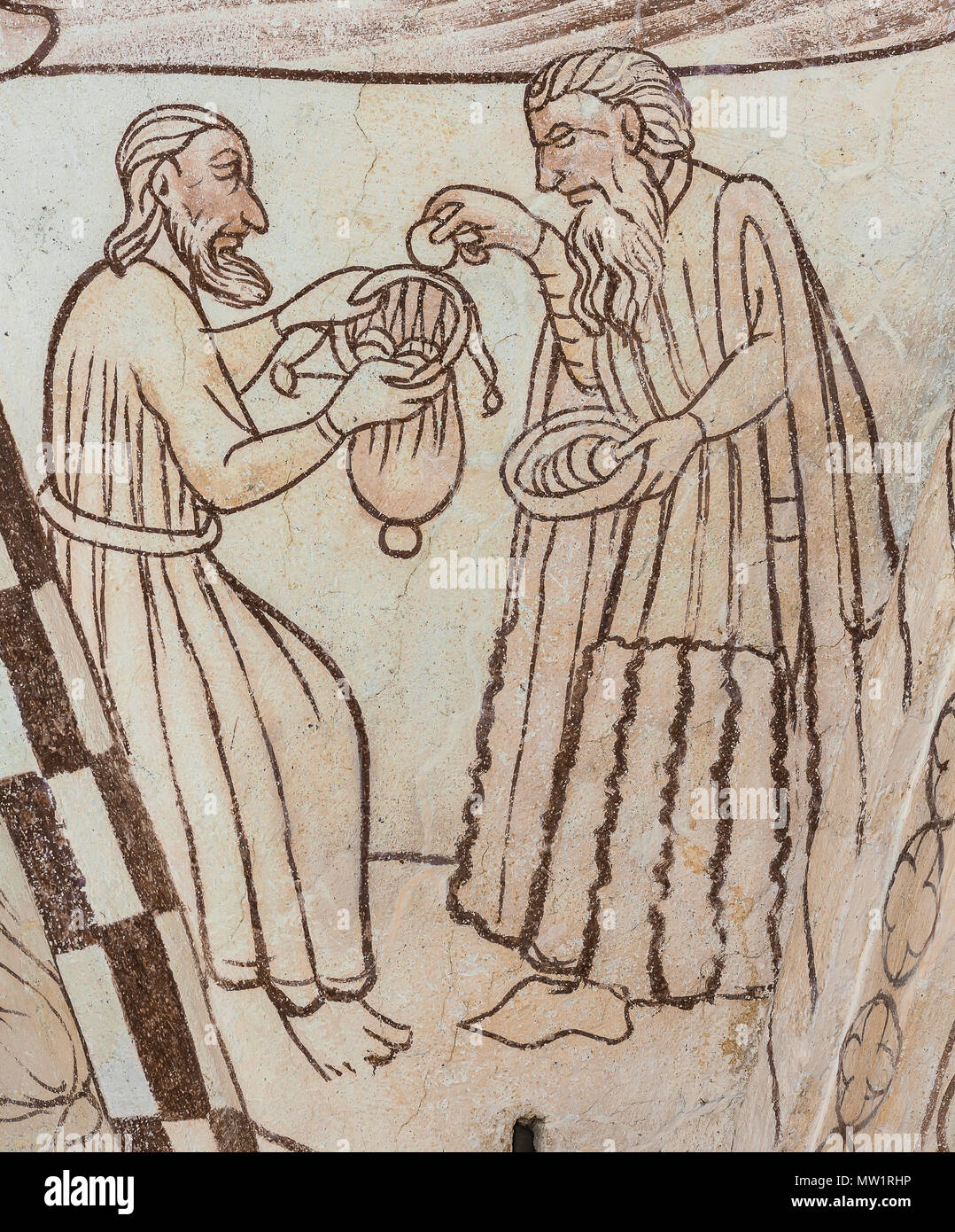Thirty pieces of silver given to Judas Iscariot by a jewish priest. A medieval gothic fresco in Bronnestad church, Sweden, May 11, 2018 Stock Photo
