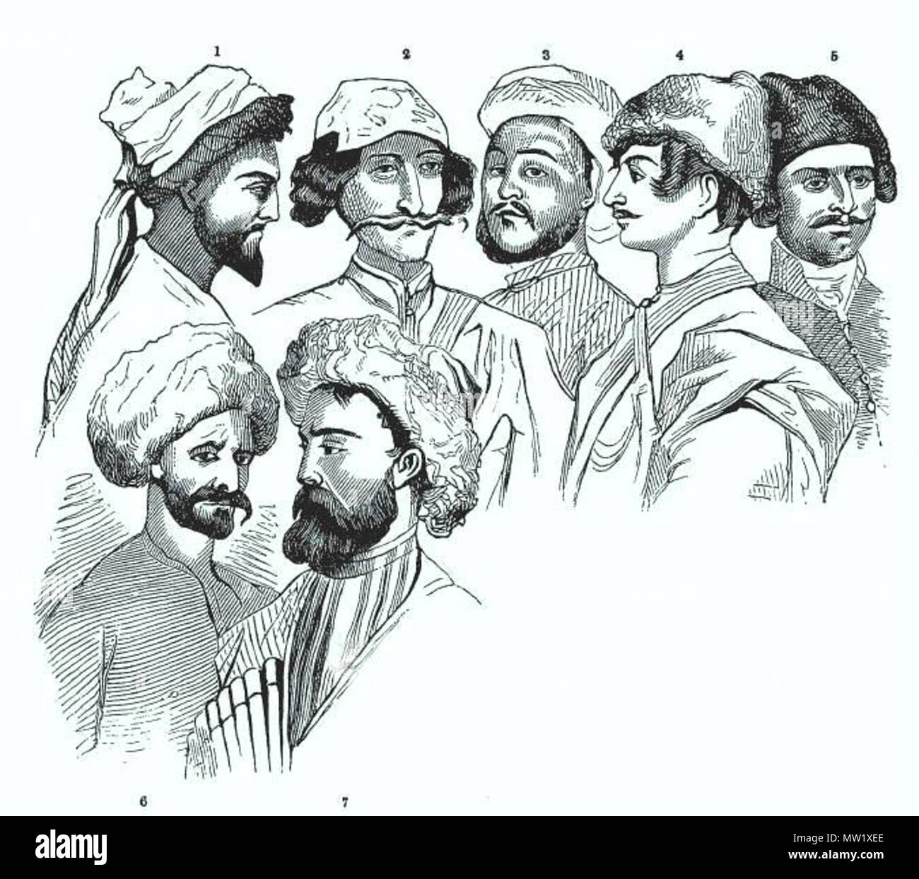 . The inhabitants of the Caucasian country include a great number of tribes, evidently derived from a variety of stocks, and speaking a diversity of languages. The vignette presents types of some the the more important of these tribes. 1 Represents a Tcherkessia, or Circassian 2 A Mmingrelian 3 a Nogai Tartar 4 A Georgian 5 An Armenian 6 A Lesghian 7 A Cossack of Terek Source: An Illustrated Description of the Russian Empire, by Robert Sears Available from books.google.com Published: 1855 . 1855. Unknown 618 Types of Caucasian Races Stock Photo