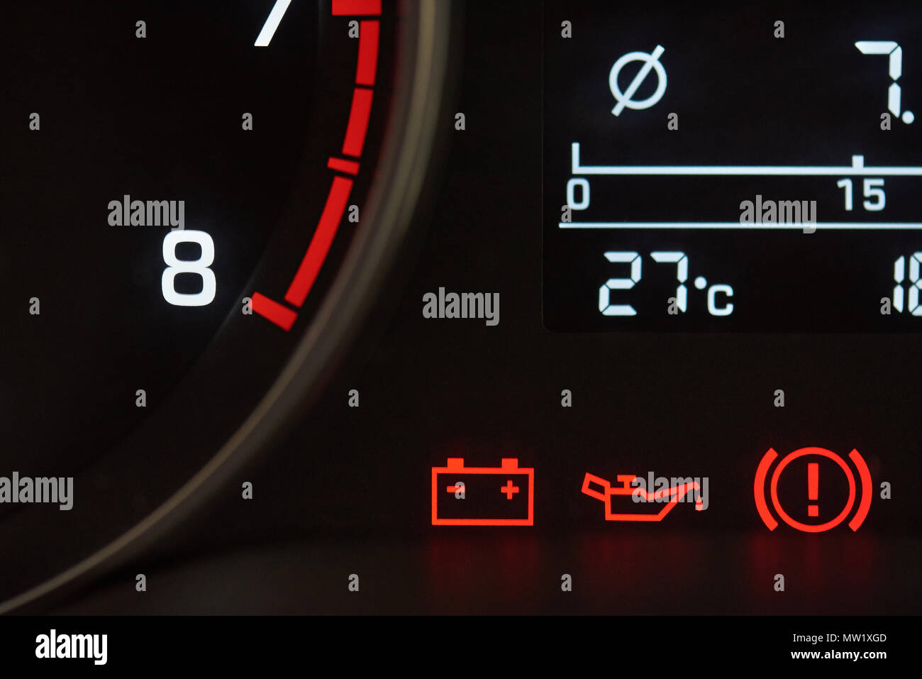 Error icons on car dashboard close-up. Chnage oil sign in car Stock Photo