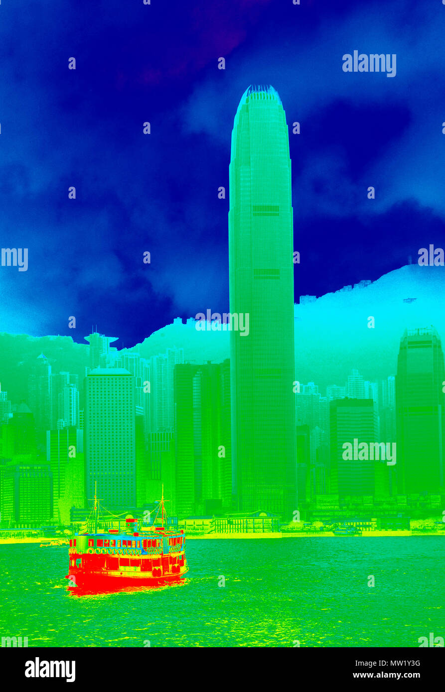 Hong Kong skyline showing the Two International Finance Center with a Star Ferry in the foreground (rendered in PS, pop art style), Hong Kong, China Stock Photo