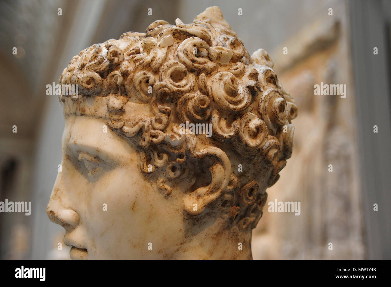Marble Head of an Athlete, profile view, Roman copy after a Greek bronze (ca. 138-192 CE), at the MET, New York, NY, USA Stock Photo