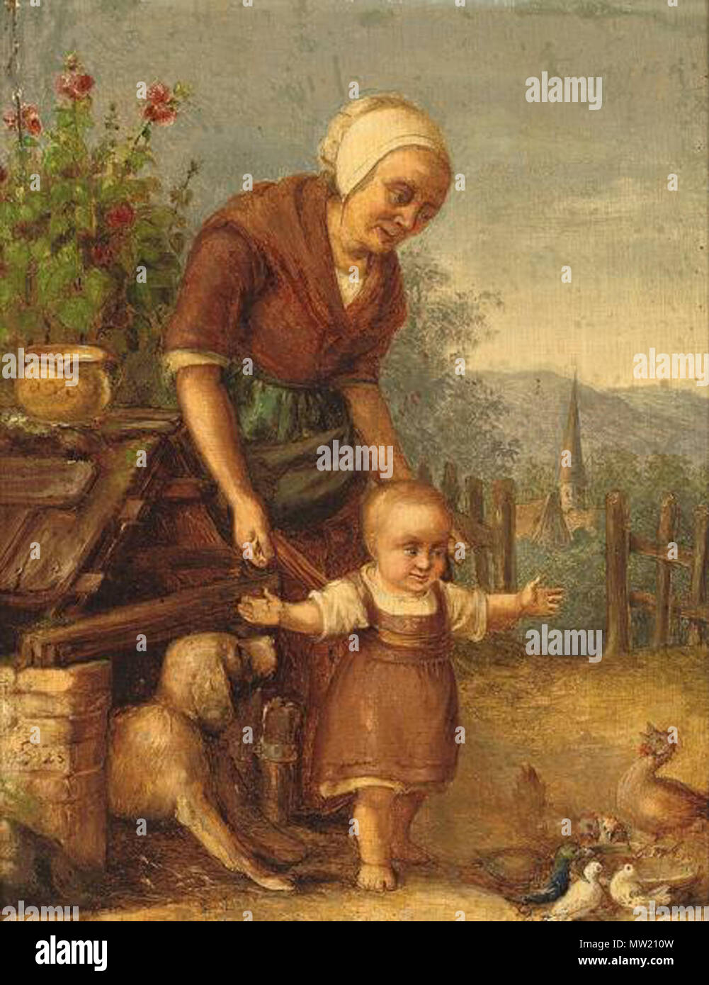 258 Gustav Süs Mutter mit Kleinkind im Hühnerhof Stock Photo
