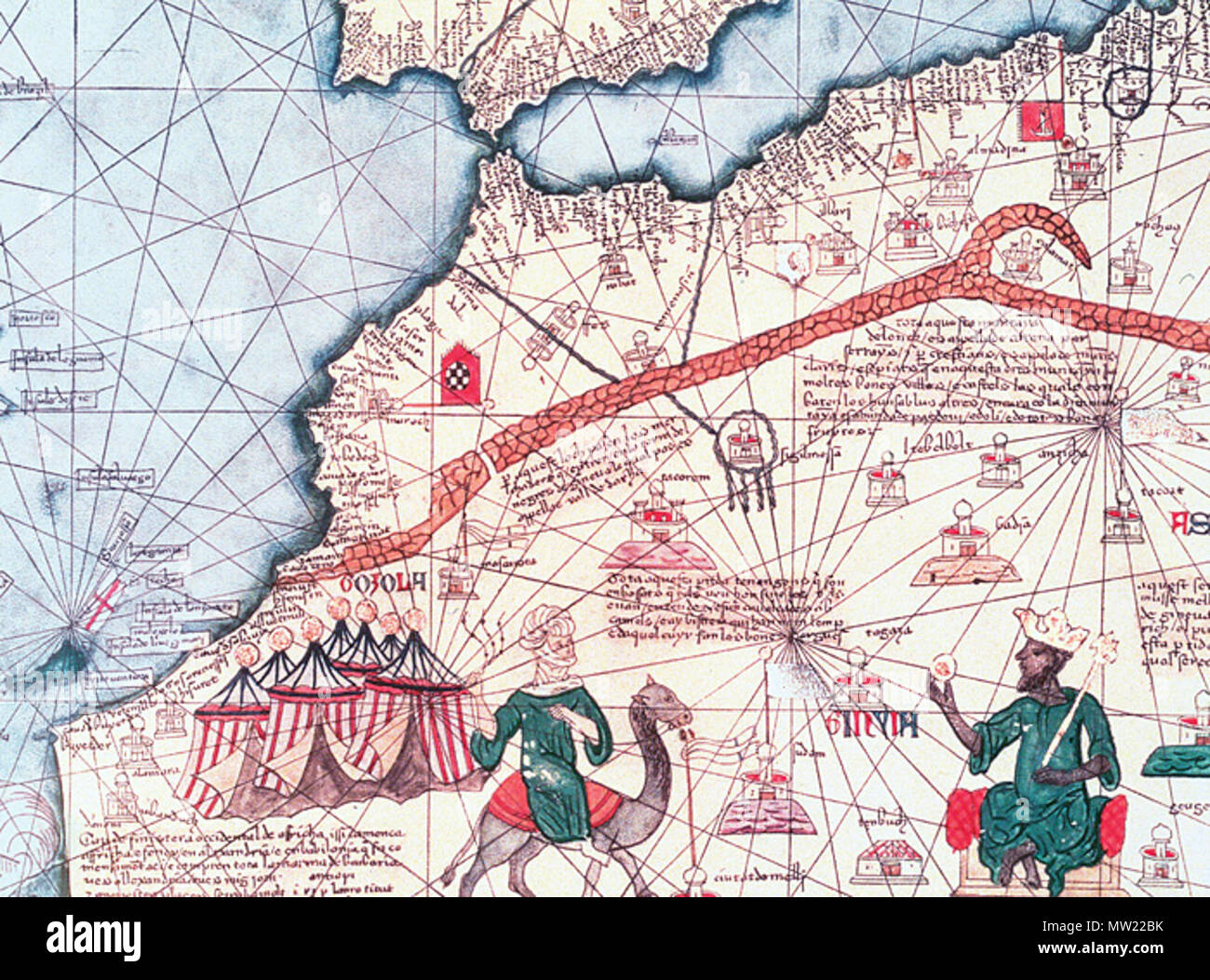 . English: Map of West Africa in The Catalan Atlas (1375). 1375,. Flad 644 West Africa Catalan Atlas Stock Photo