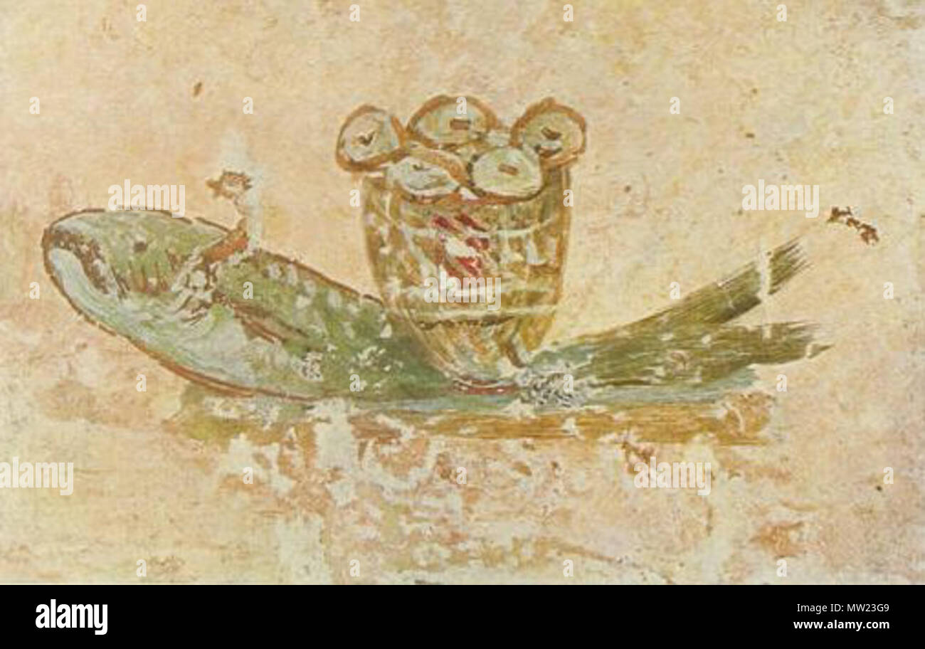 . Eucharistic bread and fish. Fresco in Catacomb of Callistus (Rome) . 1903. Wilpert, Joseph (1857—1944) 650 Wilpert 028 Stock Photo