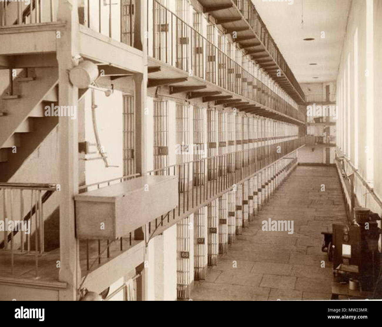 . A photograph of a cell block in the Wisconsin State Prison. circa 1893. H. H. Bennett (1843-1908) 651 Wisconsin State Prison Cell BlockWisconsin State Prison Cell Blocks Stock Photo