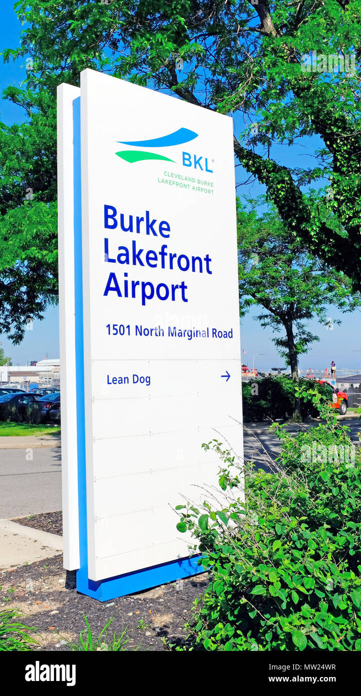 Burke Lakefront Airport (BKL) signage at the entrance to the Cleveland, Ohio lakefront airport. Stock Photo