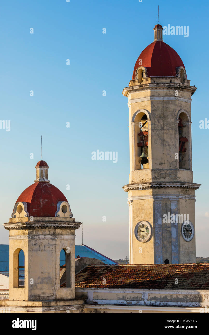 The bell towers of the Catedral de la PuriÌsima ConcepcioÌn in Plaza Jose Marti, Cienfuegos, Cuba. Stock Photo