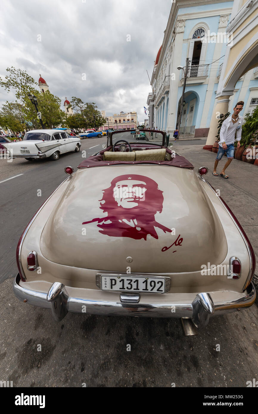 Classic Chevrolet Bel Air taxi with custom 'Che' paint job in the town of Cienfuegos, Cuba. Stock Photo