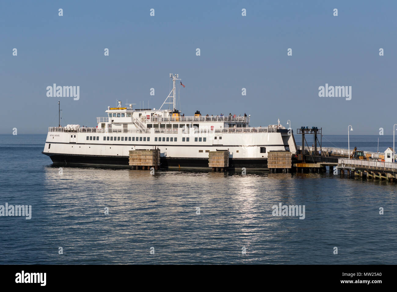 Steamship Authority ferry 'MV Martha's Vineyard' waits to depart from Oak Bluffs on Martha's Vineyard for the trip back to Woods Hole on the mainland. Stock Photo