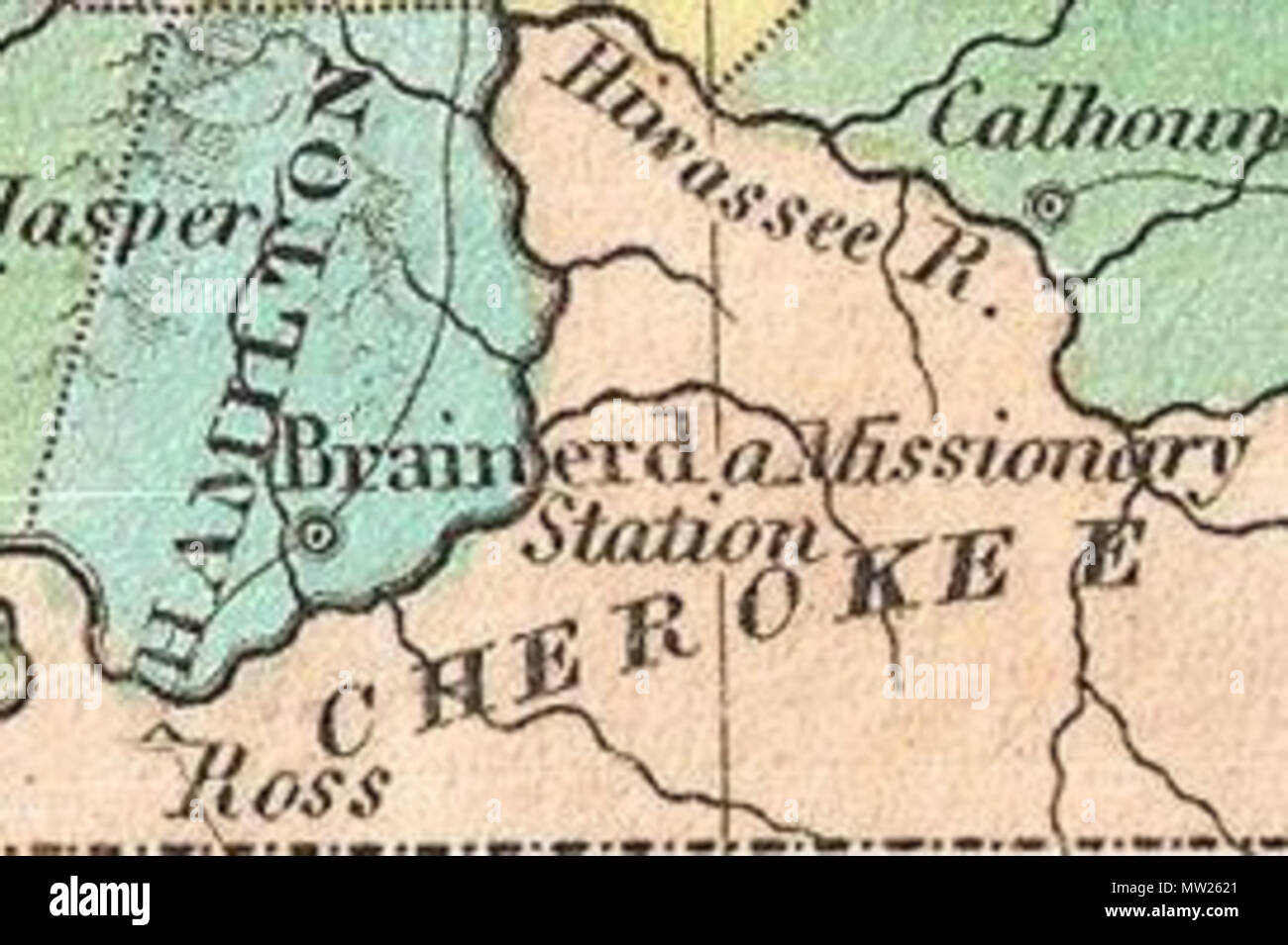 .  English: A beautiful example of Finley's important 1827 map of Tennessee. Depicts the state with moderate detail in Finley's classic minimalist style. Shows river ways, roads, canals, and some topographical features. Offers color coding at the county level. Title and scale in upper left quadrant. Finley's map of Tennessee is particularly interesting and important due to its portrayal of the rapidly changing American Indian situation in the south eastern part of the state. In 1827 a substantial part of southeastern Tennessee and northwestern Georgia was a confined territory assigned to the L Stock Photo