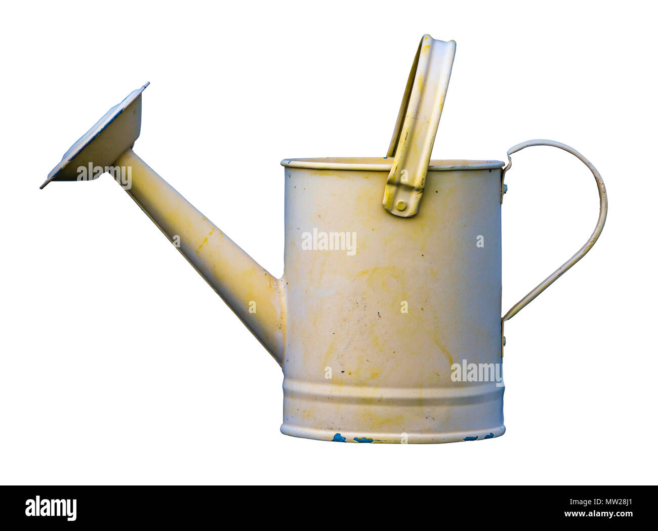 Isolated Grungy Old Vintage Retro Yellow Watering Can Stock Photo