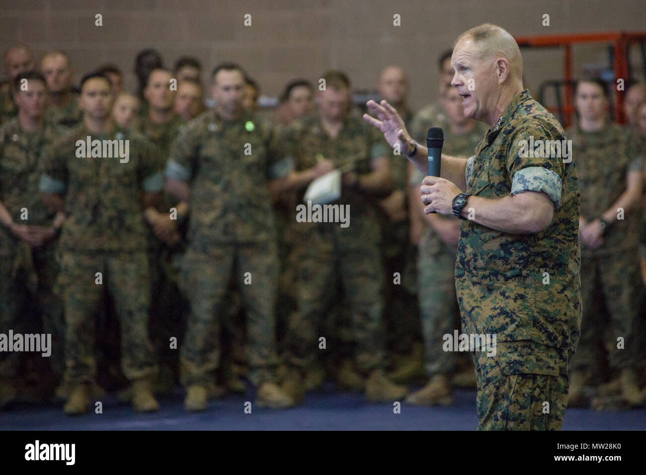 Commandant of the Marine Corps Gen. Robert B. Neller speaks to Marine officers at the Las Pulgas Gym, Marine Corps Base Camp Pendleton, April 27, 2017. Neller spoke about the importance of respecting fellow Marines and the Marine Corps’ revised social media policy. Stock Photo
