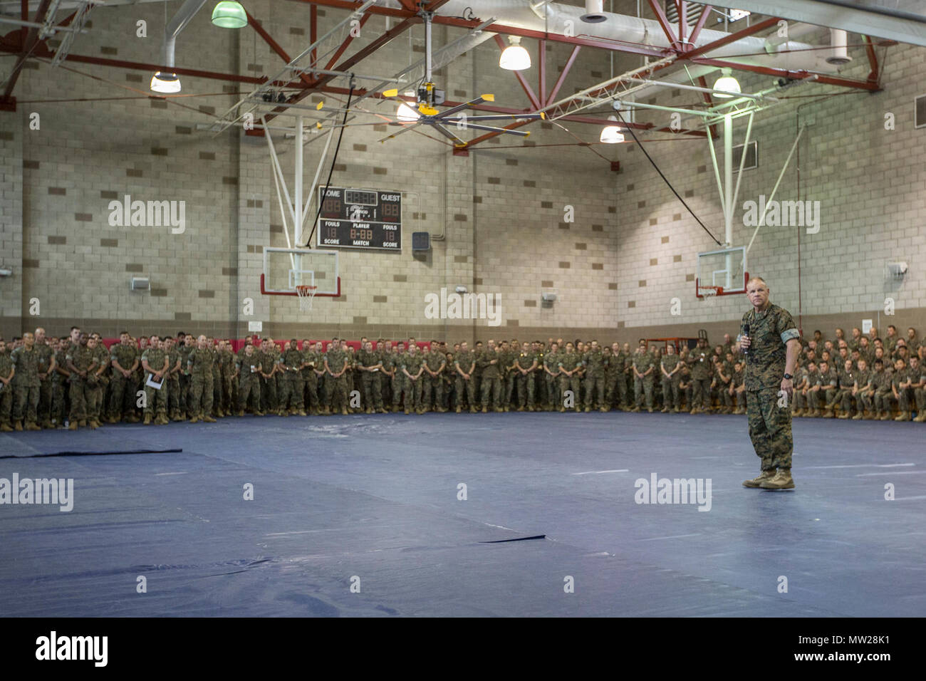 Commandant of the Marine Corps Gen. Robert B. Neller speaks to Marine officers at the Las Pulgas Gym, Marine Corps Base Camp Pendleton, April 27, 2017. Neller spoke about the importance of respecting fellow Marines and the Marine Corps’ revised social media policy. Stock Photo