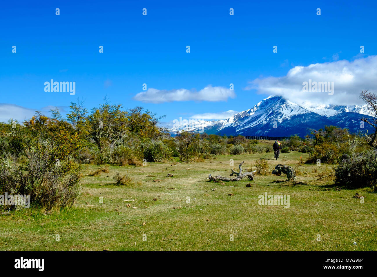 Puerto Natales, Magallanes / Chile - October 16 2016: Mountain bikers ride through fields with snowcapped mountains on the background. Stock Photo