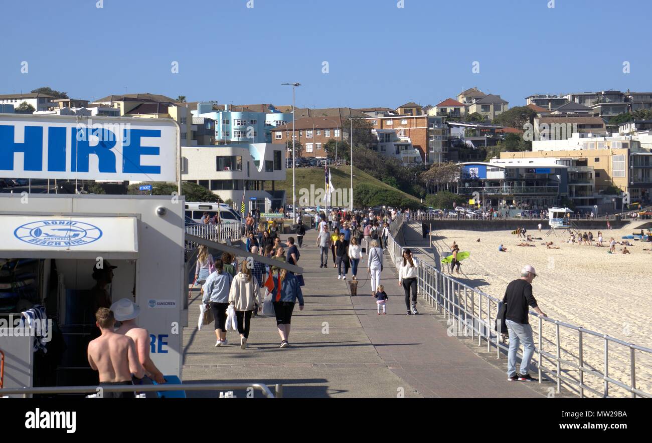 Hundreds of people walking at Bondi beach, Sydney Australia. People enjoying sunny day out at beach in Australia. Sydney people strolling at beach. Stock Photo