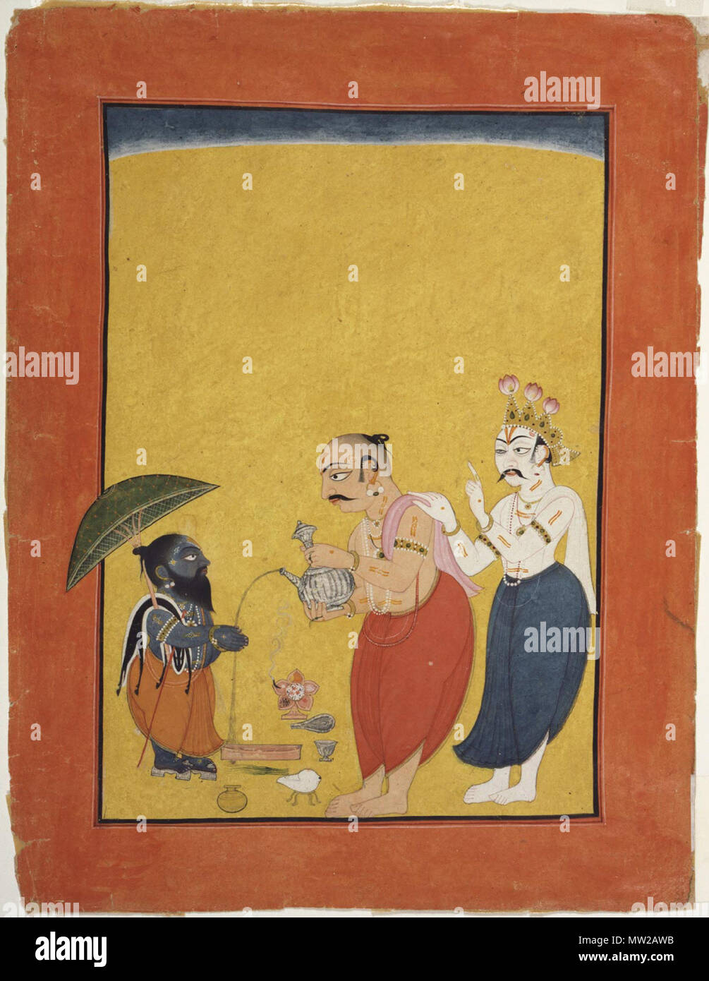 . English: 'Vamana, the Dwarf Avatar of Vishnu Page from a dispersed series of the Bhagavata Purana (Story of the Lord Vishnu) Made in Mankot, Jammu and Kashmir, India c. 1700-25 Artist/maker unknown, India, Jammu and Kashmir, Mankot Opaque watercolor, gold, and silver-colored paint on paper 11 5/16 x 8 13/16 inches (28.7 x 22.4 cm) Currently not on view 2004-149-32 Alvin O. Bellak Collection, 2004 Label Through intensive religious rituals, the demon king Bali conquered the gods. The god Vishnu came to earth as Vamana, his fifth avatar, to defeat him. Vamana appeared as a dwarflike Brahmin. Wh Stock Photo