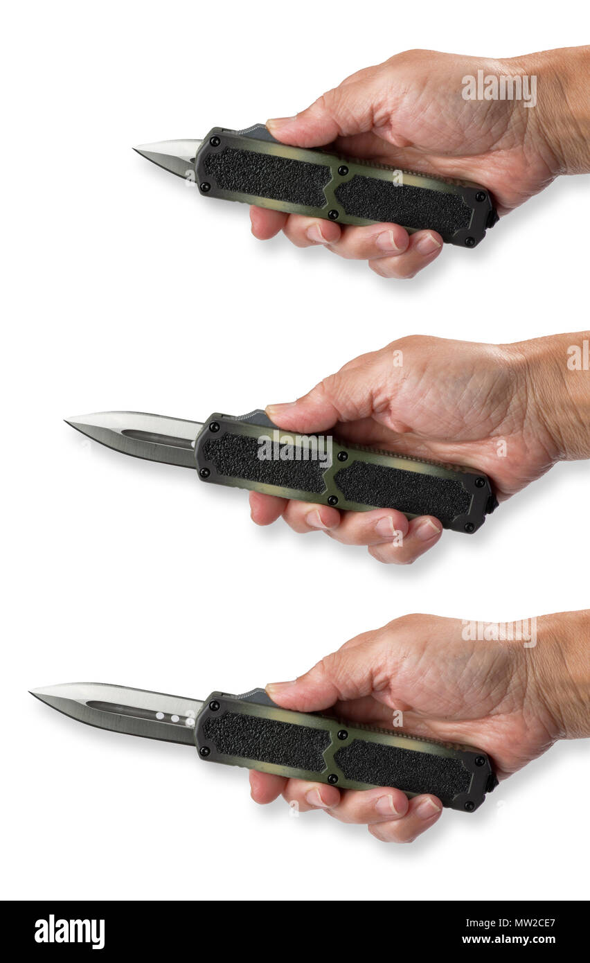 Automatic knife sometimes called a switchblade opening with finger button. Stock Photo