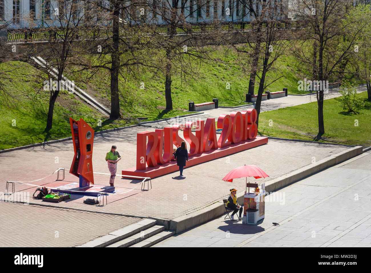 Yekaterinburg, Russia - May 23, 2018: Installation of the inscription Russia 2018 for World Cup on Historical Square on Iset River in center of city Stock Photo