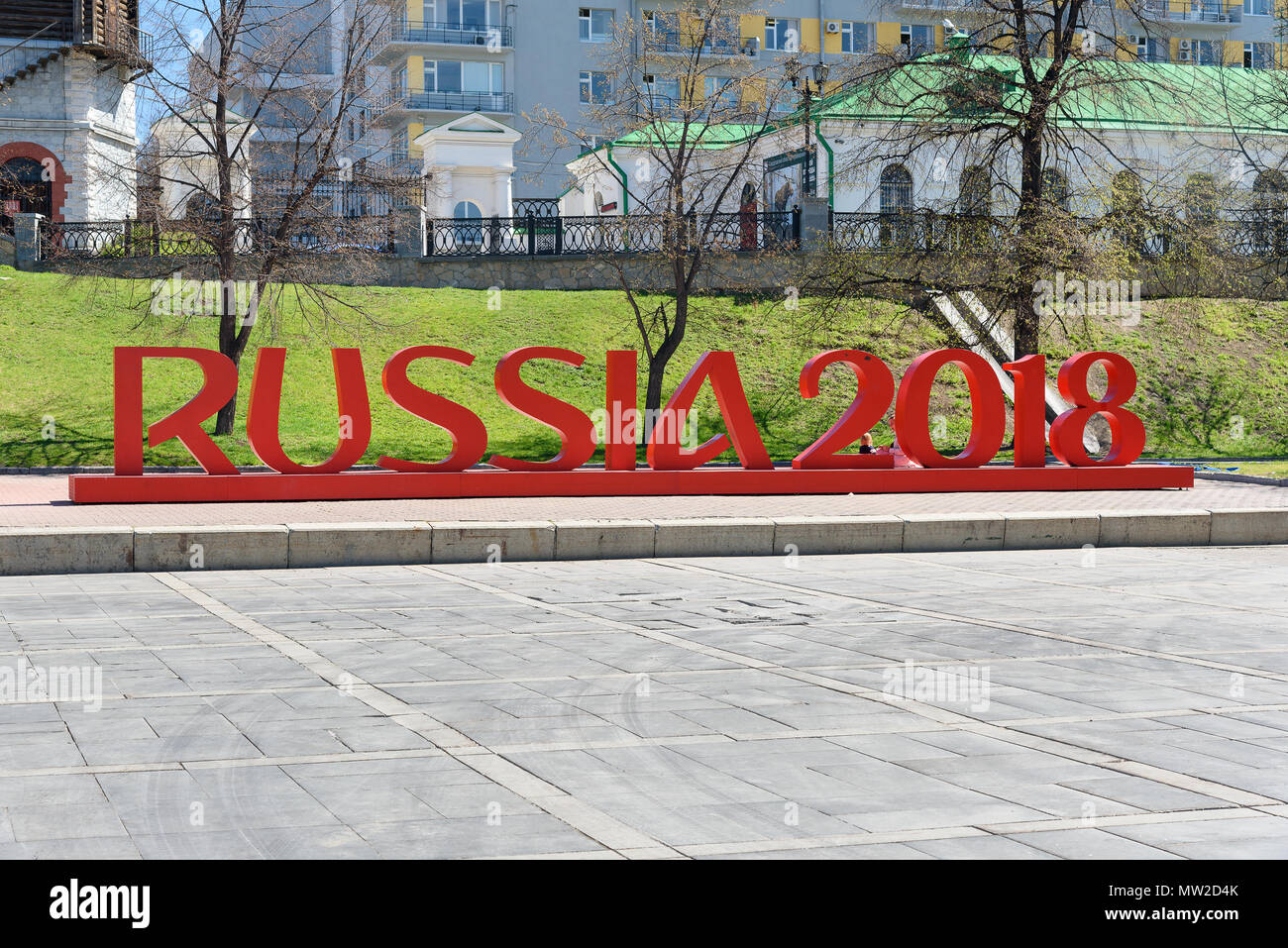 Yekaterinburg, Russia - May 23, 2018: Installation of the inscription Russia 2018 for World Cup on Historical Square on Iset River in center of city Stock Photo