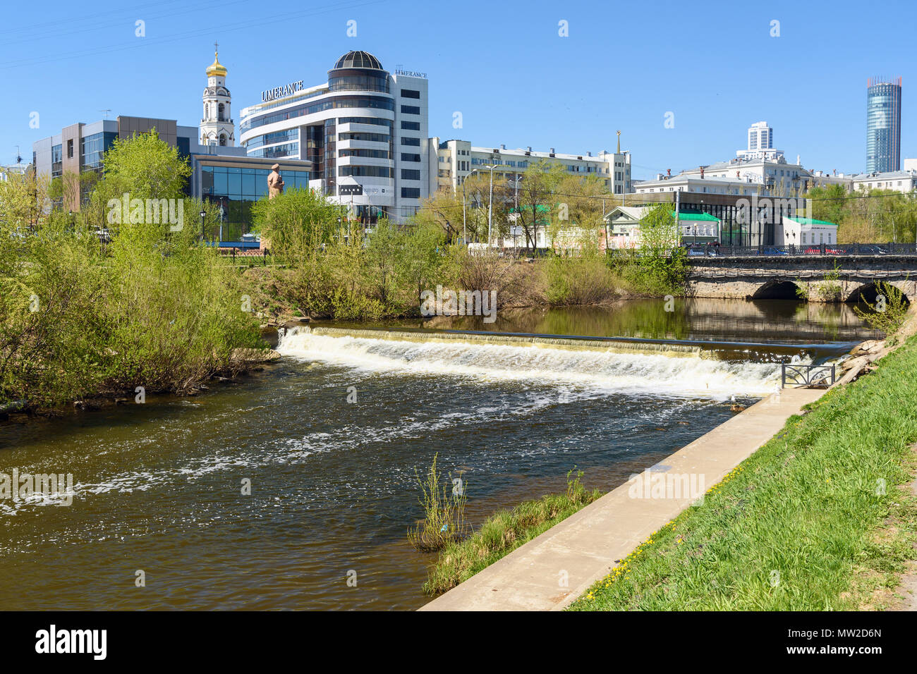 Yekaterinburg, Russia - May 23, 2018: View of embankment on Iset River in center of city Stock Photo