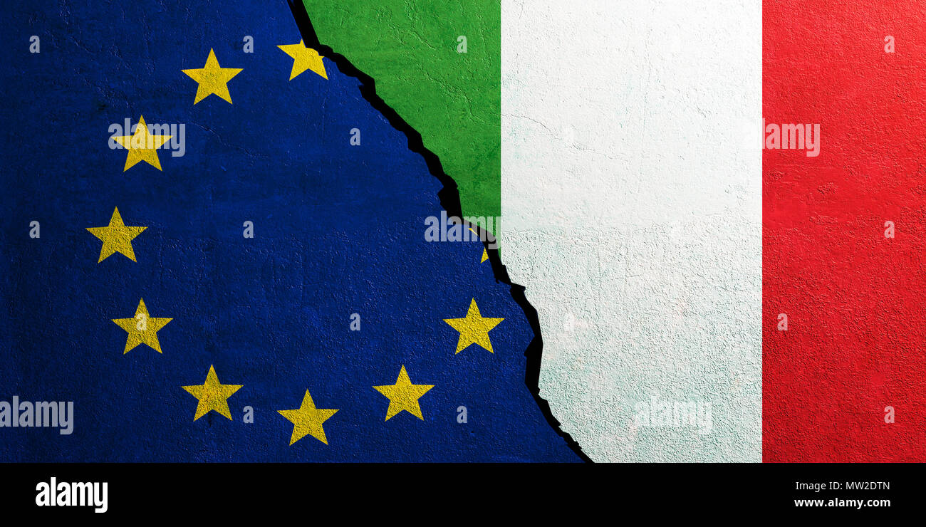 Italy and EU relations, Italexit concept. European Union and Italy flag, cracked wall background. 3d illustration Stock Photo