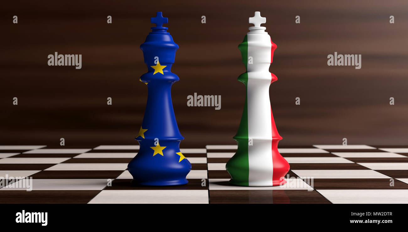 Italy and EU relations, Italexit concept. European Union and Italy flags on chess kings on a chess board, wooden background. 3d illustration Stock Photo