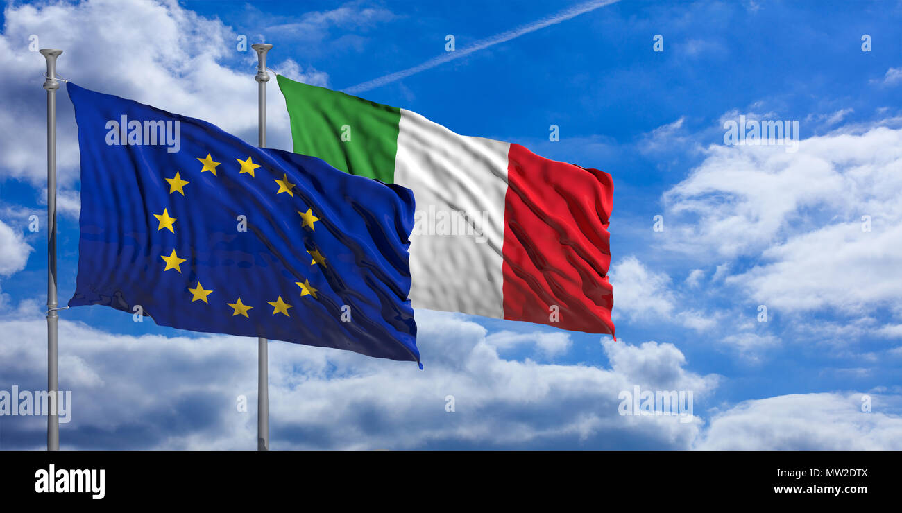 Italy and EU relations, Italexit concept. Italy and European Union flags waving, same direction, on blue sky background. 3d illustration Stock Photo