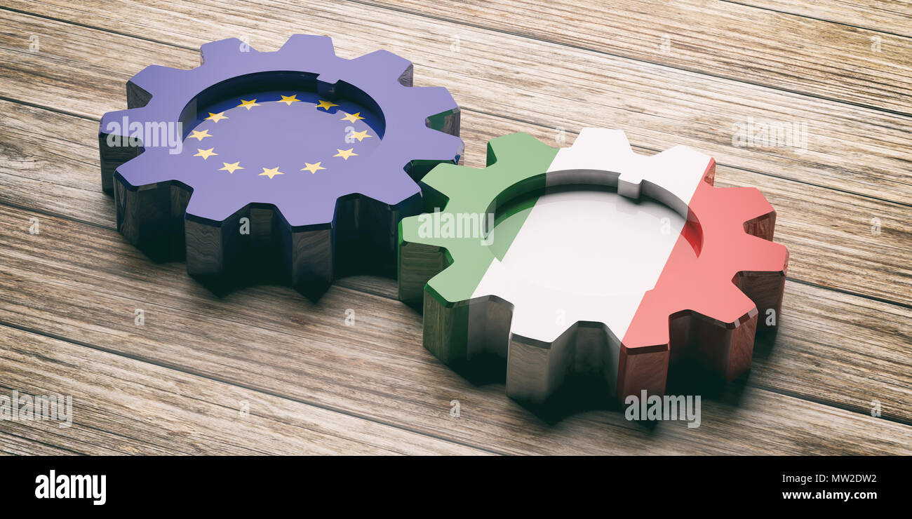 Italy and EU relations, Italexit concept. European Union and Italy flag on wheel gears, wooden background. 3d illustration Stock Photo
