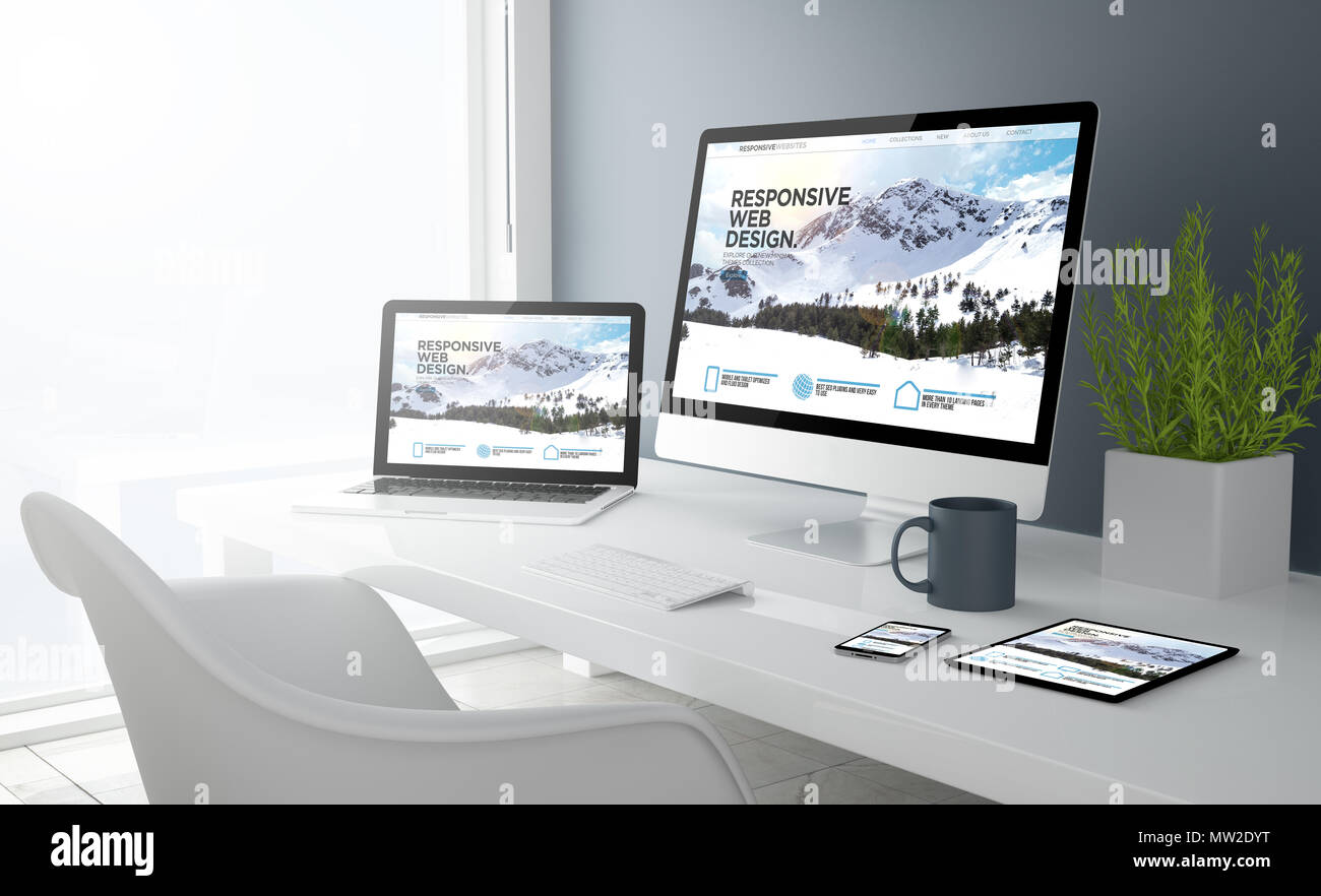 3d Rendering Of Desktop With All Devices Showing Responsive