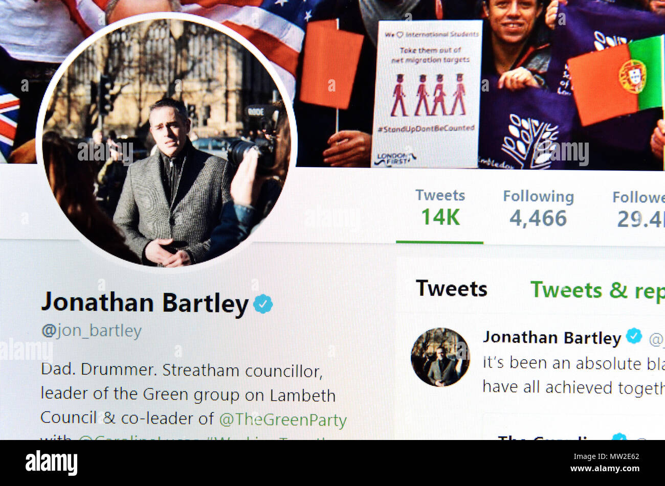 Jonathan Bartley's Twitter page (2018) Stock Photo