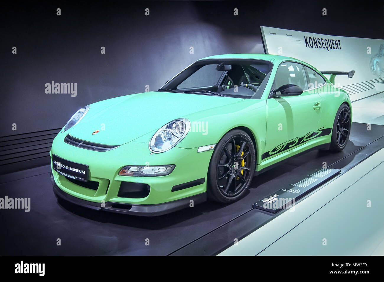 STUTTGART, GERMANY-APRIL 7, 2017: Green 2007 Porsche 911 GT3 RS in the Porsche Museum Stock Photo