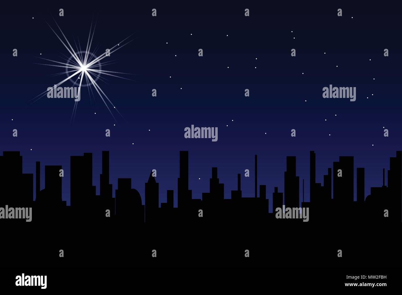 A verry bright Christmas star in the night sky set over a city silhouette Stock Vector