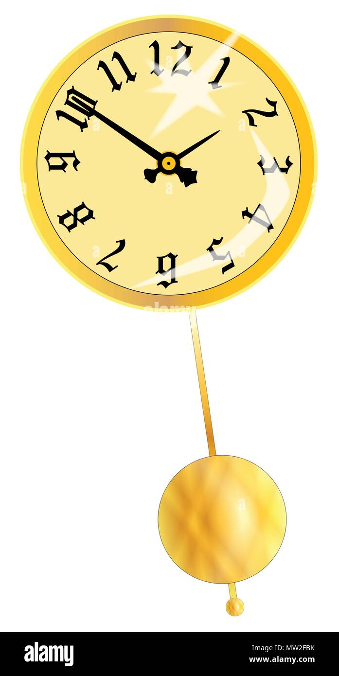 A gold clock face isolated on white with a swinging pendulum Stock Vector