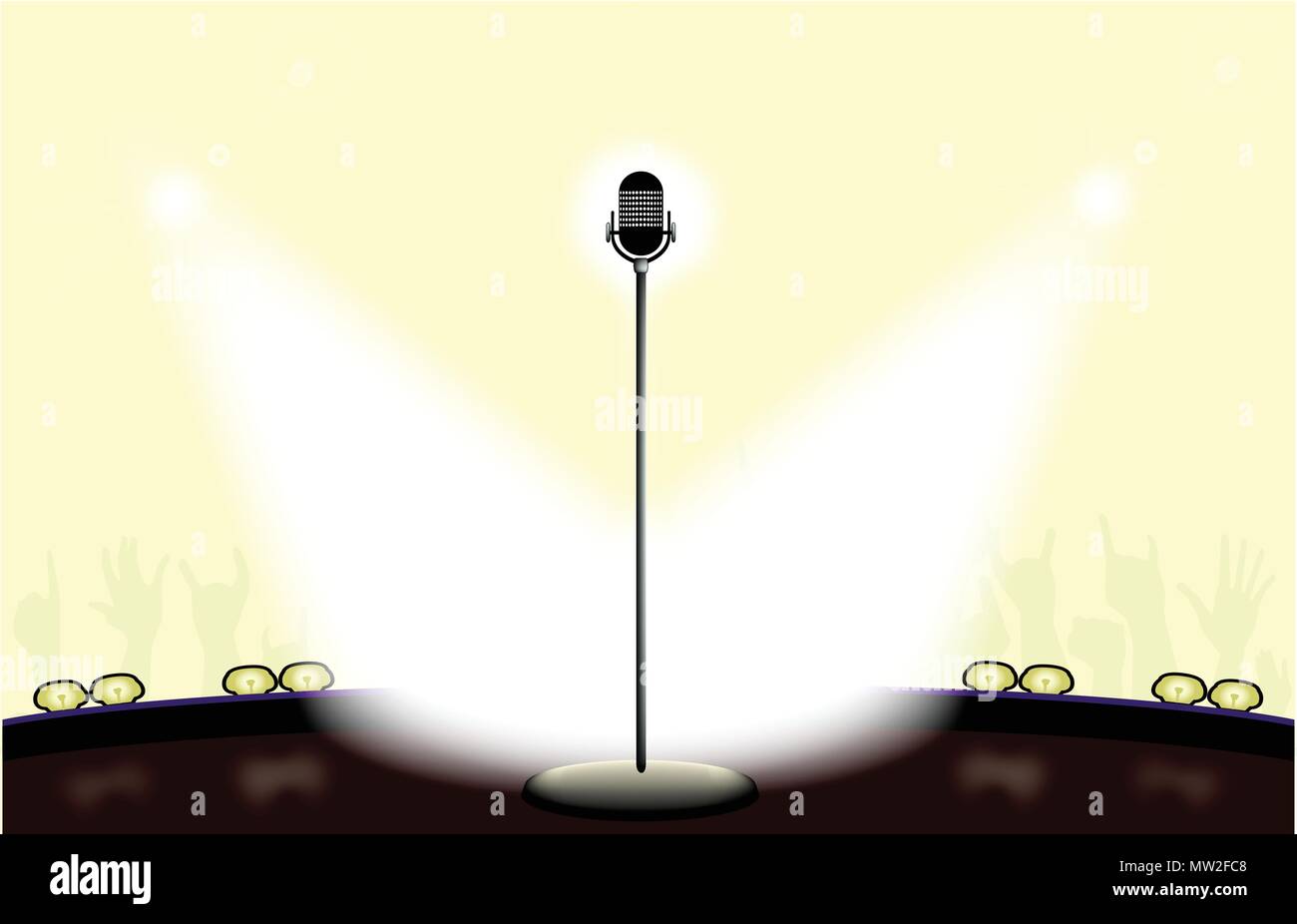 A microphone spot lit by two spotlights On a Bright Stage Stock Vector