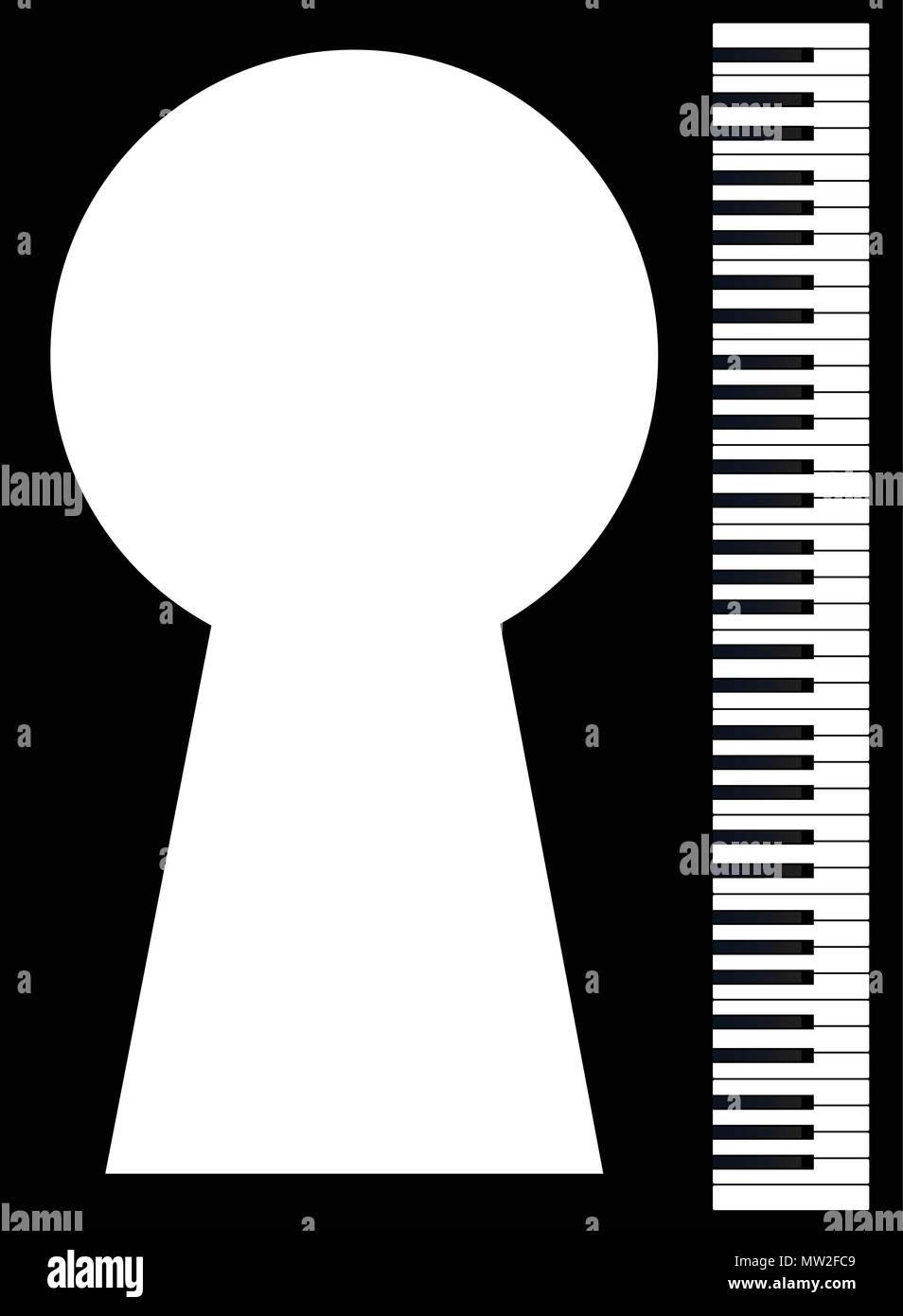 Black and white piano keys set against a black background with a large keyhole for copy Stock Vector