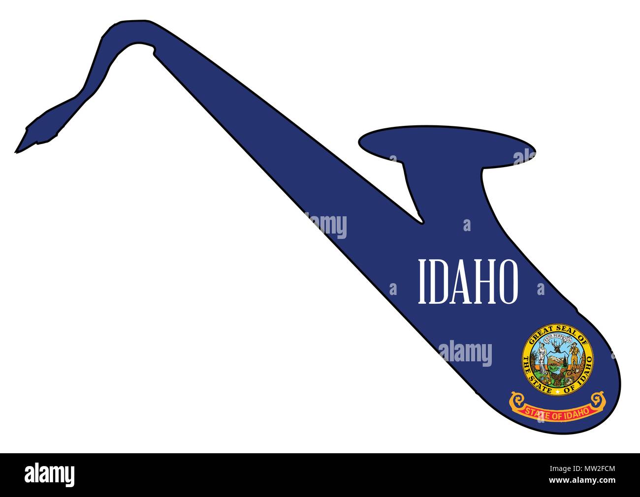 Silhouette of a saxophone with an impression the flag of the USA state of Idaho over a white background Stock Vector