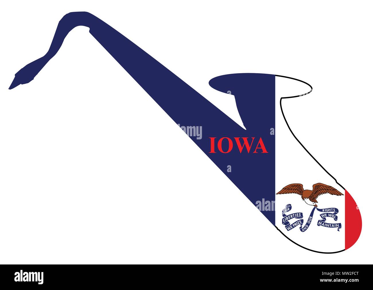 Silhouette of a saxophone with an impression the flag of the USA state of Iowa over a white background Stock Vector